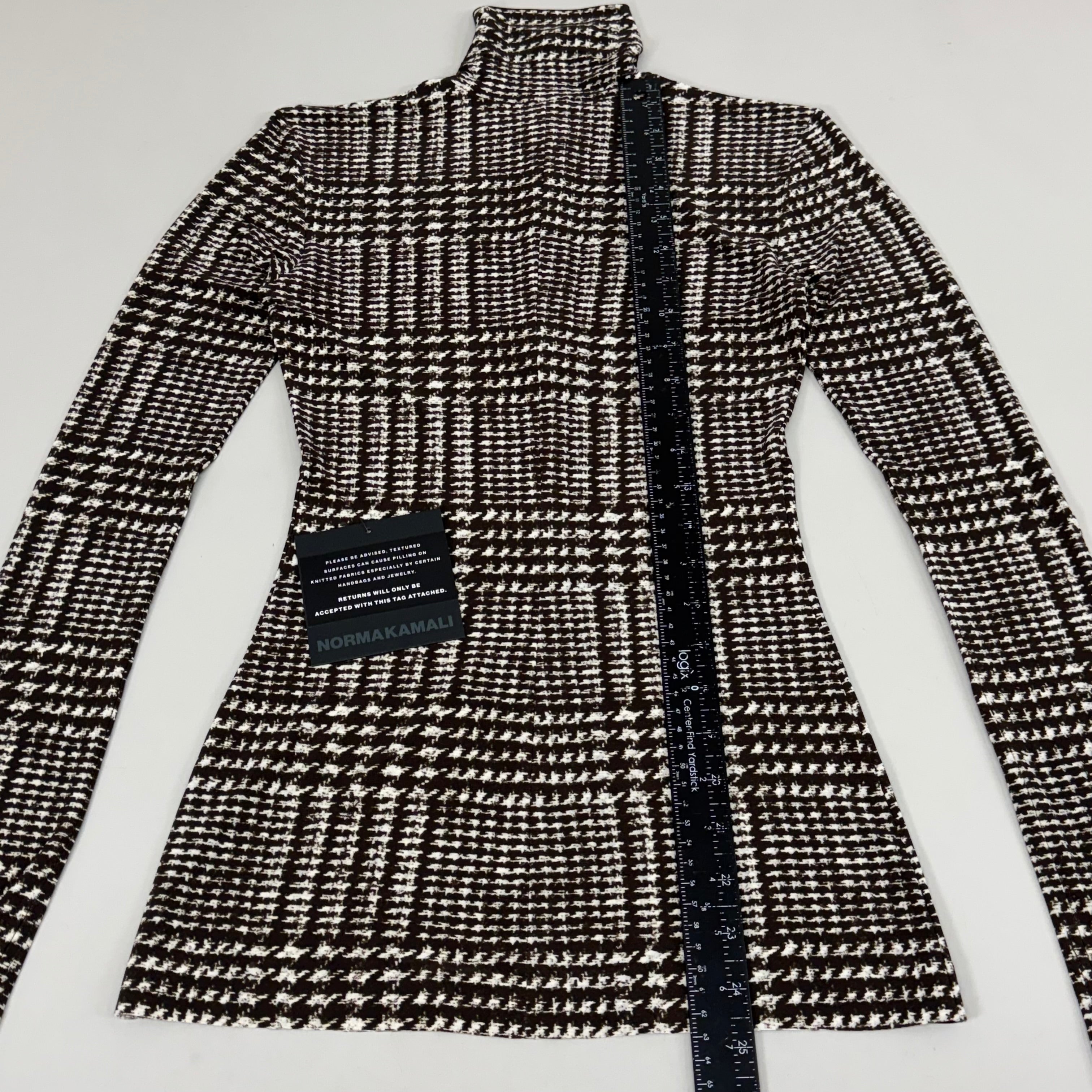 NORMA KAMALI Front Zip Slim Fit Turtle Top Women's Sz XXS/32 Chocolate Plaid Tweed