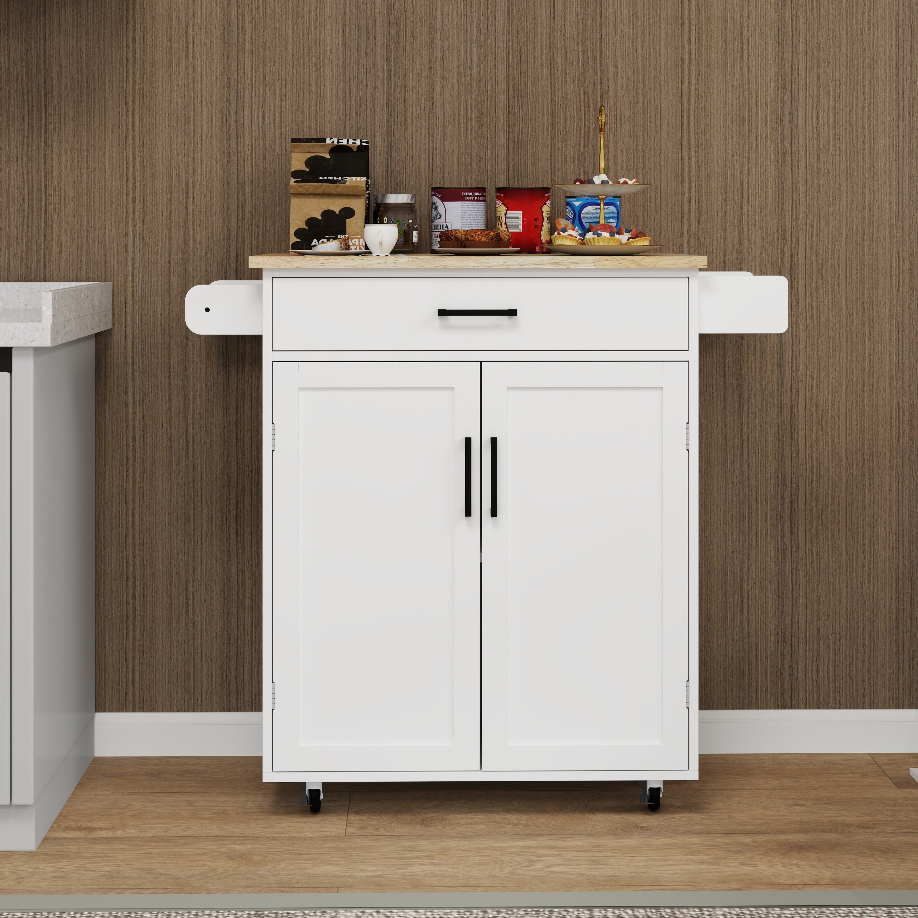 Kitchen island rolling trolley cart with 1 drawer & 2 doors with storage racks & Adjustable Shelves & towel rack
