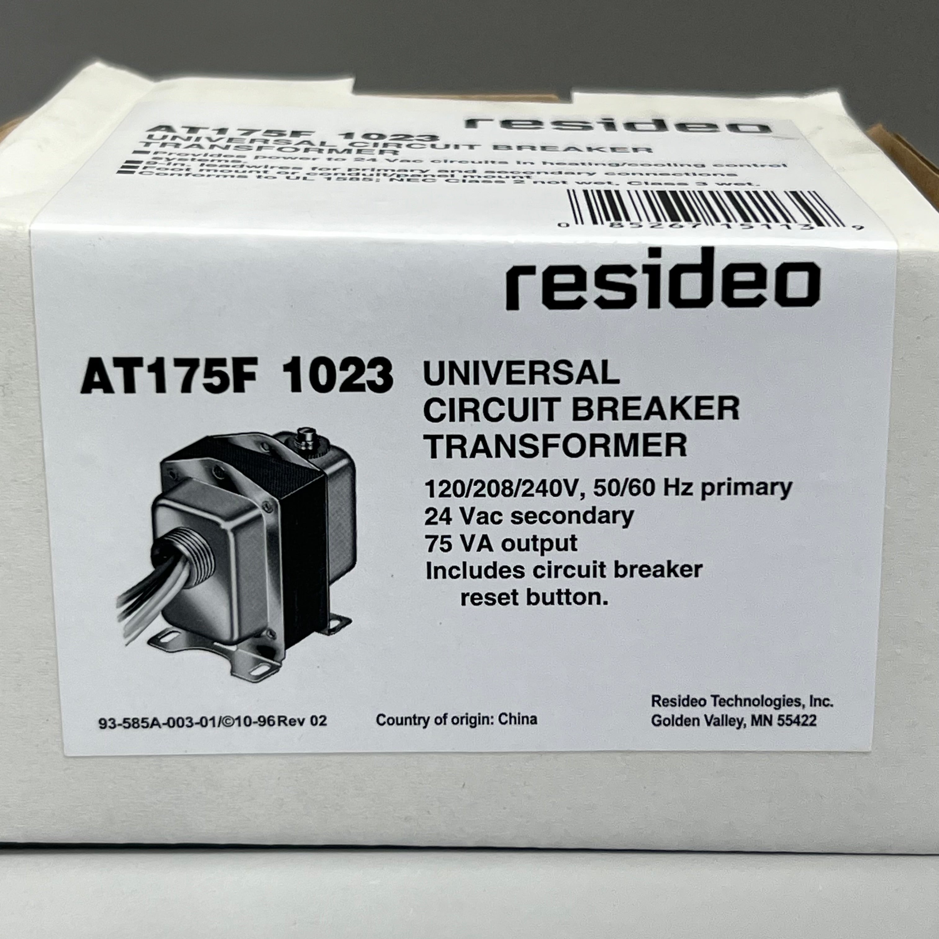 RESIDEO Universal Circuit Breaker Transformers Plate or Panel Mounted 120/208/240 Vac 9 in. AT175F 1023