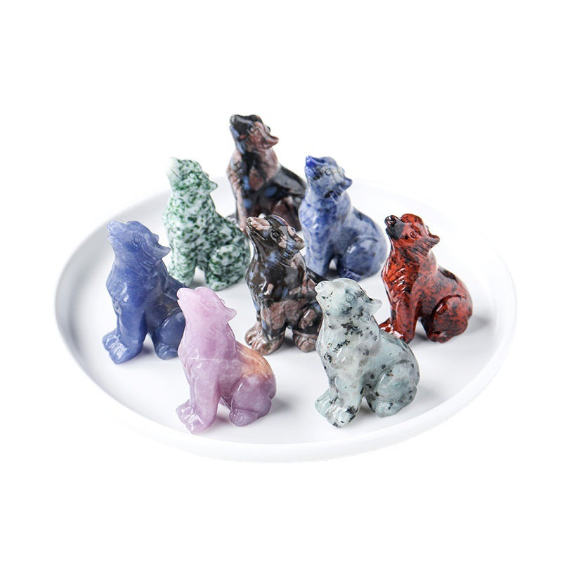 Natural crystal wolf cub carving piece, crystal animal raw stone, mineral specimen, home decoration ornament