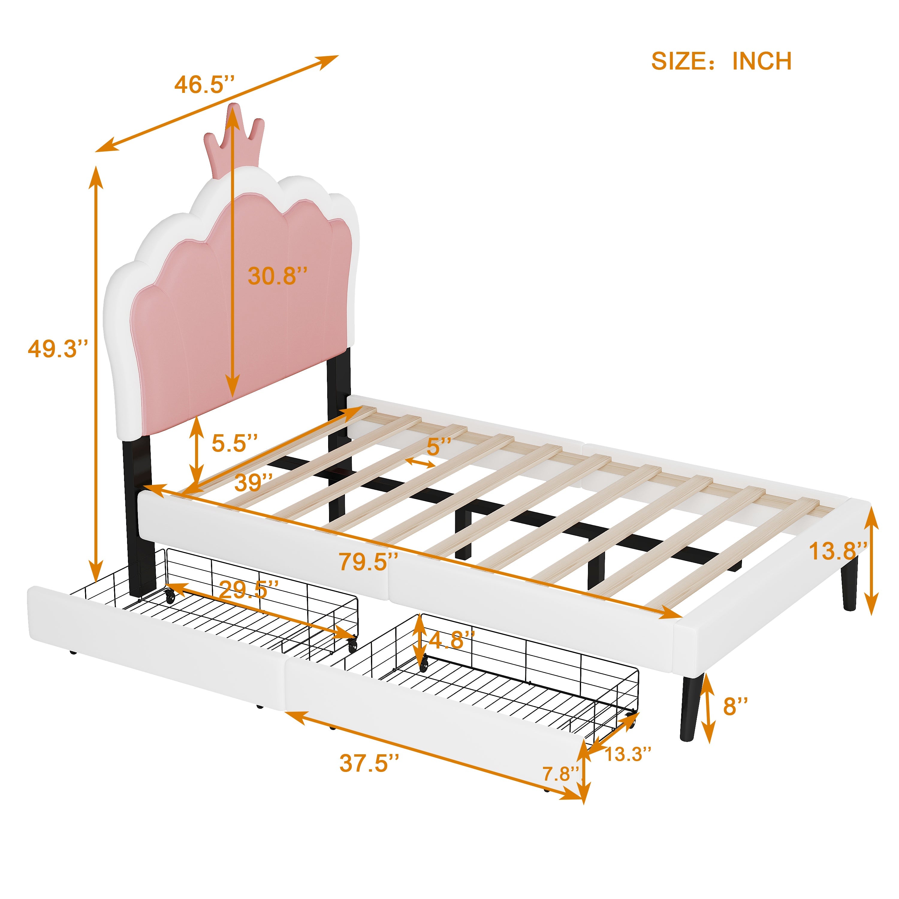Twin cushion princess bed with crown headboard and 2 drawers with headboard and footrest, pink+white