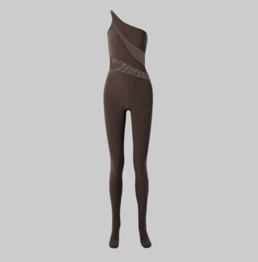 NORMA KAMALI One Shoulder Snake Mesh Catsuit Footsie Women's Sz XL/42 Chocolate