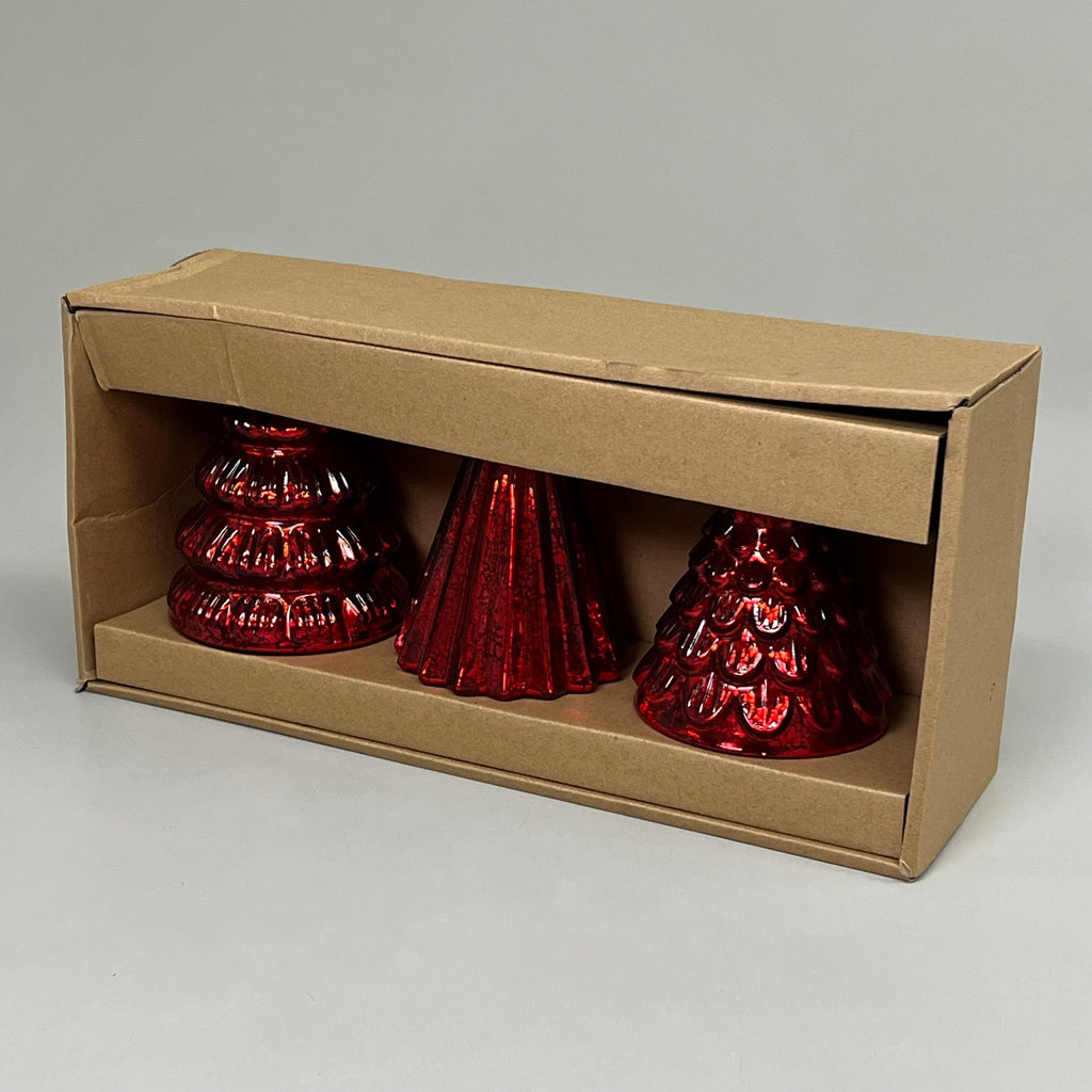 (Set of 3) Box Of Red Mercury Glass Lighted Christmas Trees