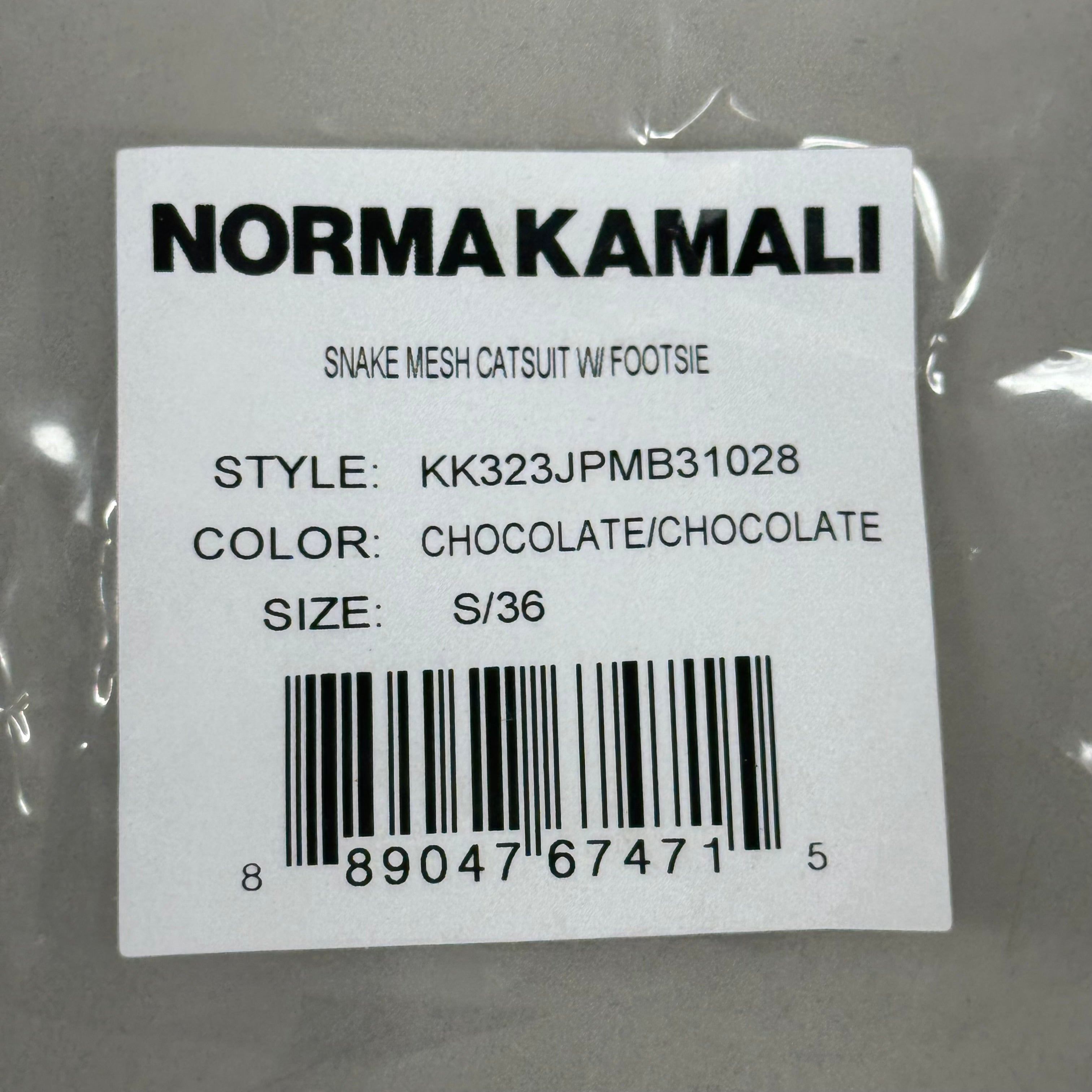 NORMA KAMALI One Shoulder Snake Mesh Catsuit Footsie Women's Sz S/36 Chocolate