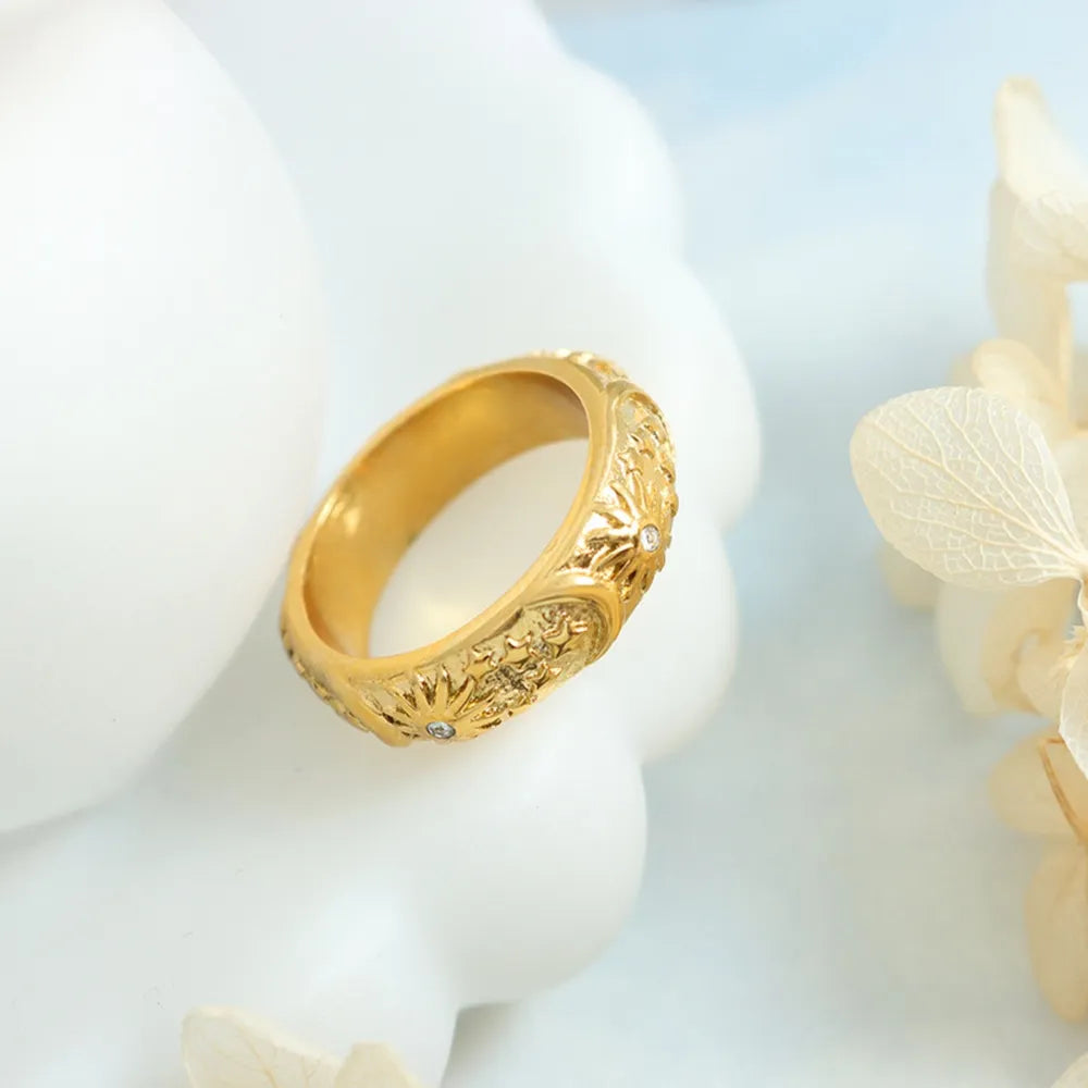 Star Moon Shaped Sparkling Zircon Design Ring Titanium Steel Handmade Jewelry for Girls