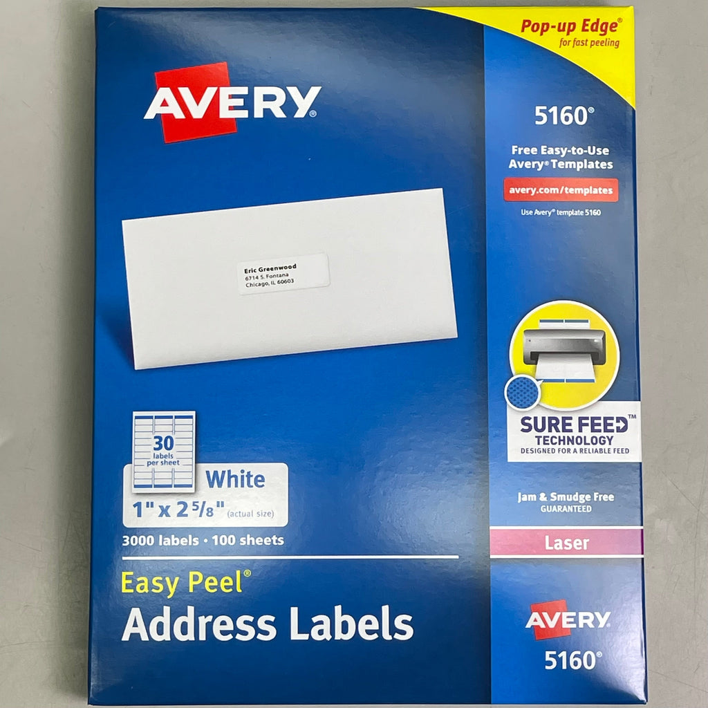 AVERY Easy Peel Sure Feed Address Labels 30 Sheet 1"x 2-5/8" Adhesive White 5160