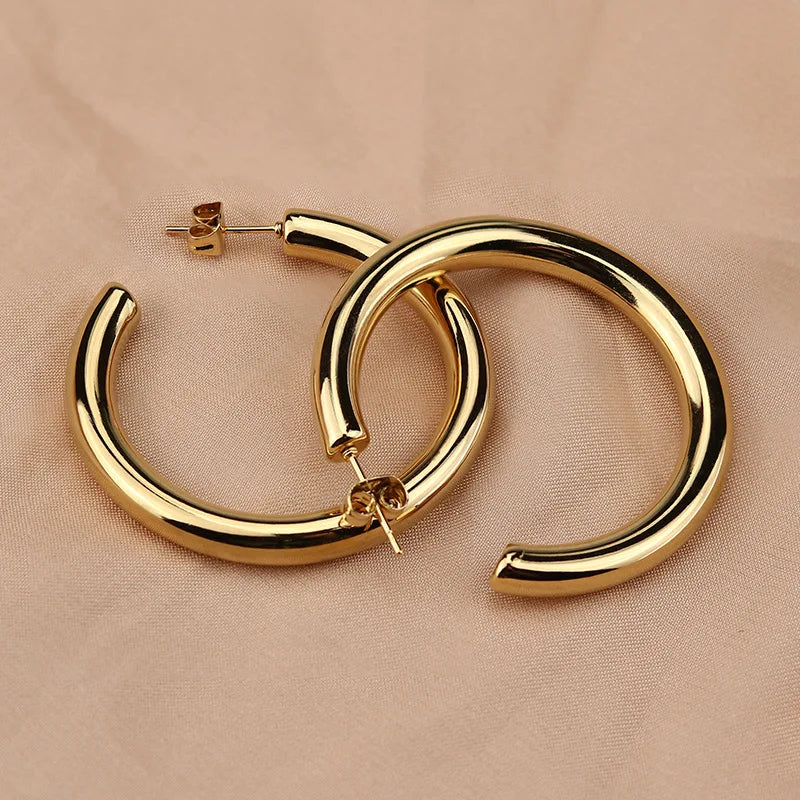 Big Round Stainless Steel Hoop Earrings | Minimalist Gold Circle Earrings for Women and Men