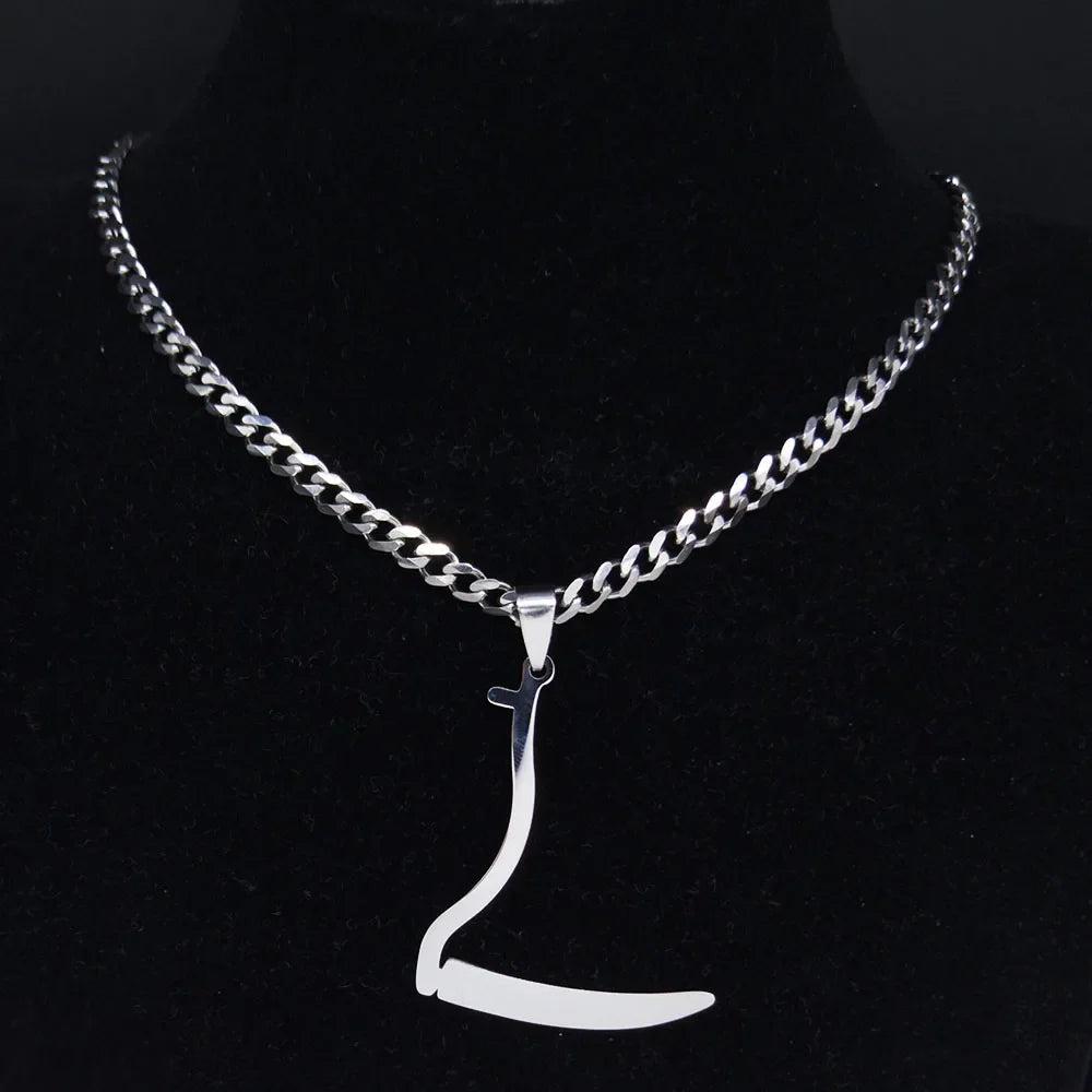 Silver Grim Reaper Sickle Pendant Necklace | Punk Stainless Steel Jewelry for Women