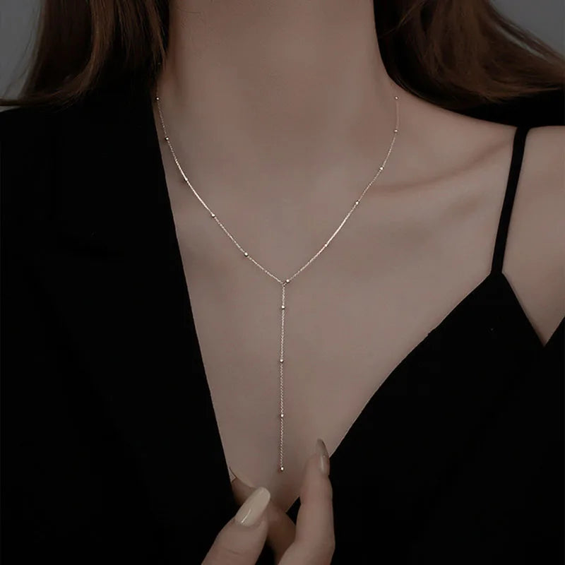 Silver Bead Chain Necklace | Simple Tassel Clavicle Chain for Women