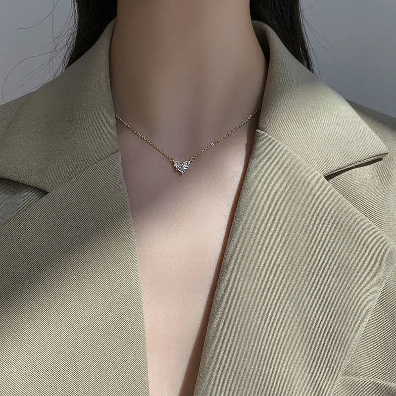 Silver Color Zircon Heart Necklace | Women's Shiny Clavicle Chain Jewelry
