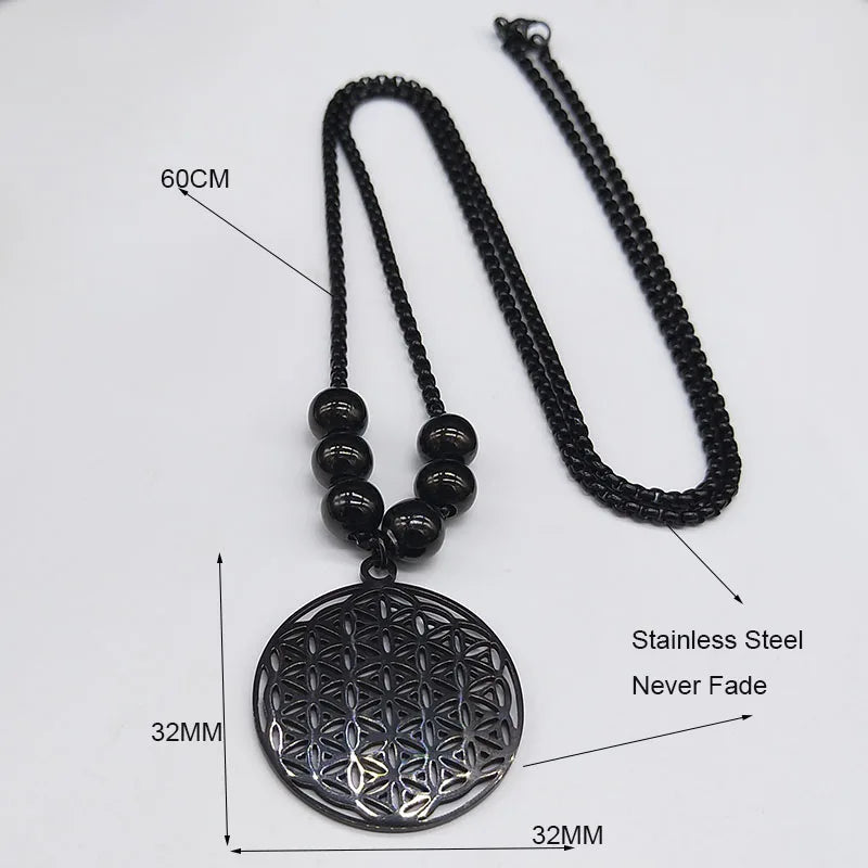 Sacred Geometry Flower of Life Necklace | Stainless Steel Mandala Pendant with Black Beads