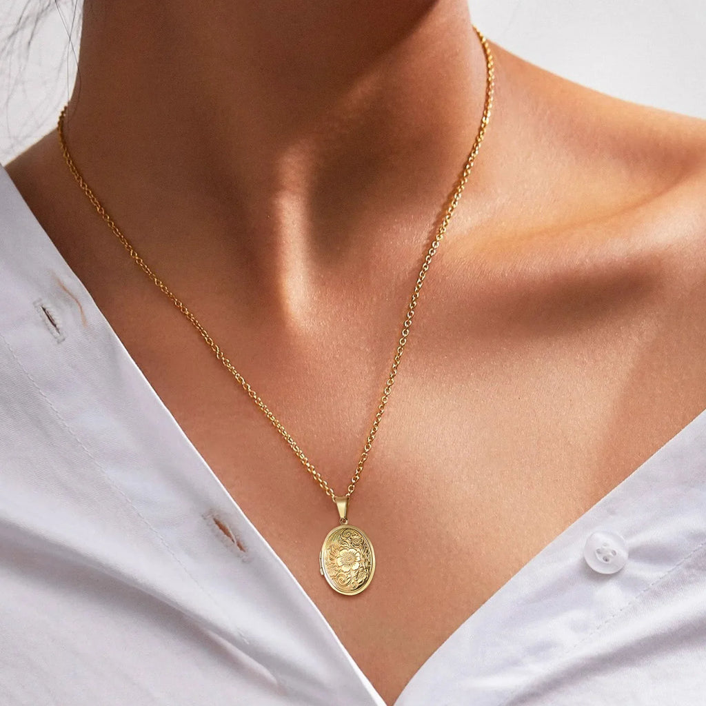 Monogram Floral Oval Heart Locket Pendant Necklace | Stainless Steel Photo Frame Keepsake