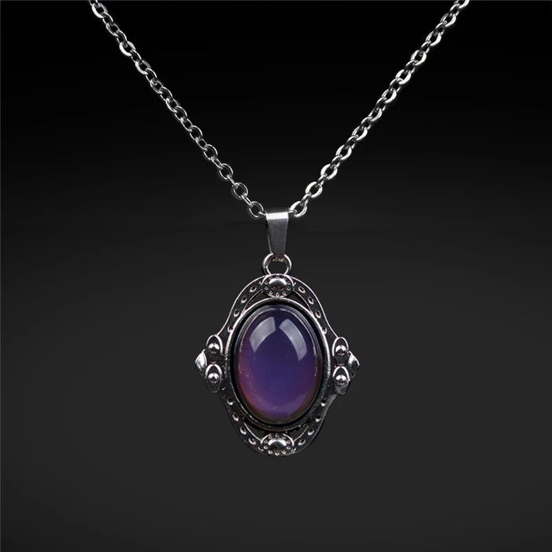 Mood Color Change Necklace | Retro Palace Elliptic Pendant with Stainless Steel Chain
