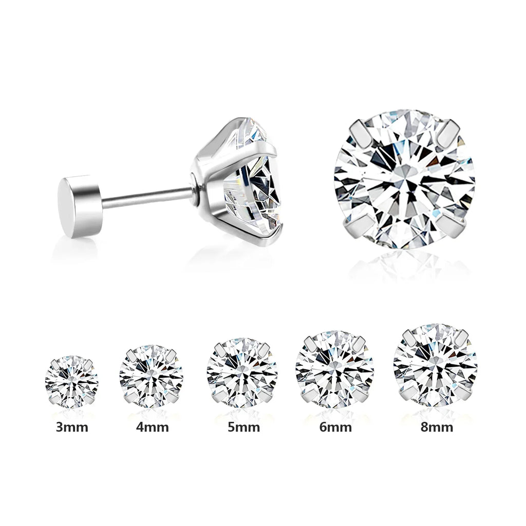 LUXUSTEEL Stainless Steel Round Cubic Zirconia Stud Earrings | Silver Screw-Back Earrings for Women