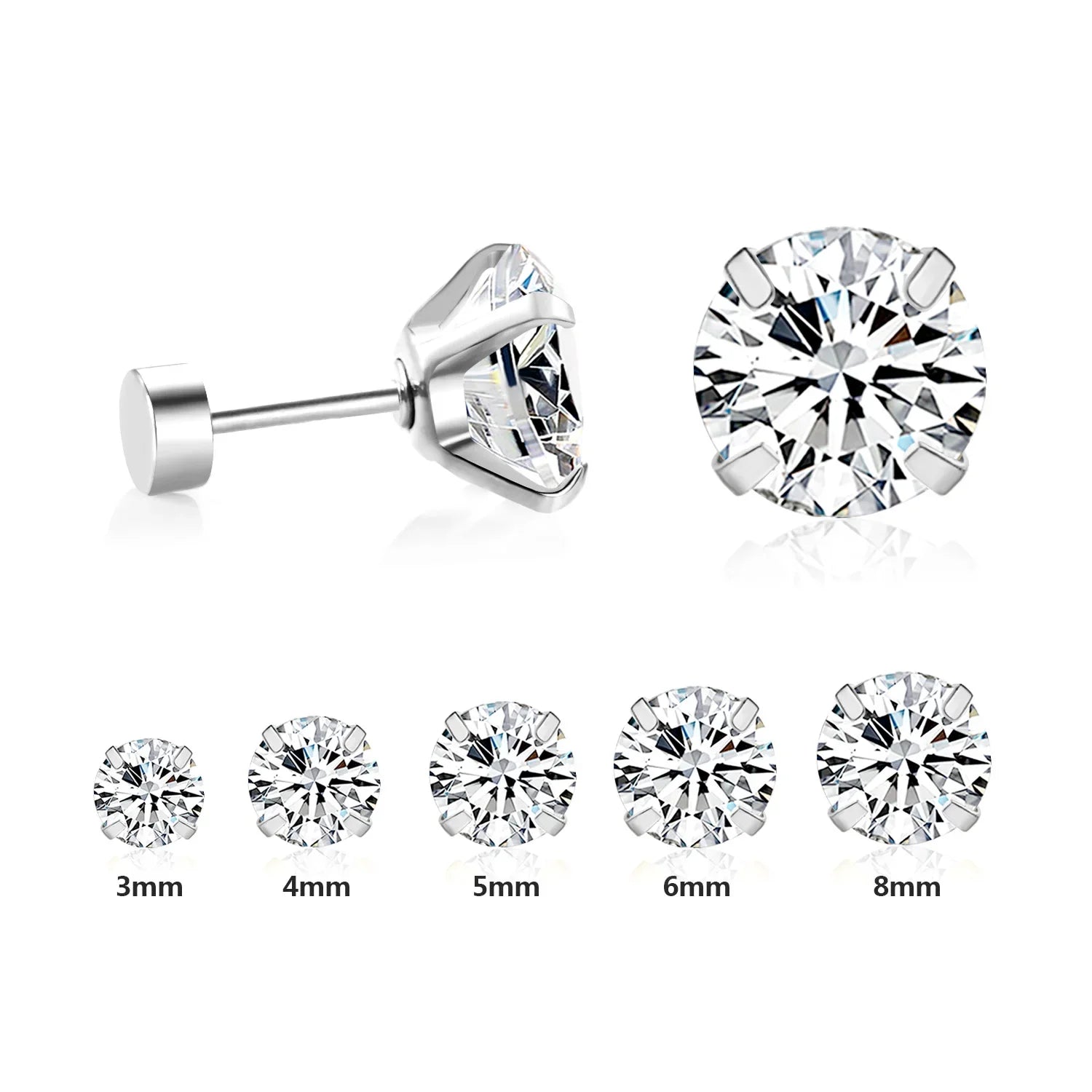LUXUSTEEL Stainless Steel Round Cubic Zirconia Stud Earrings | Silver Screw-Back Earrings for Women