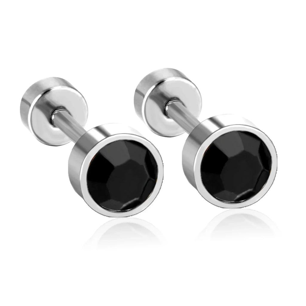 Black Crystal Screw Back Stud Earrings | Stainless Steel Fashion Jewelry for Women