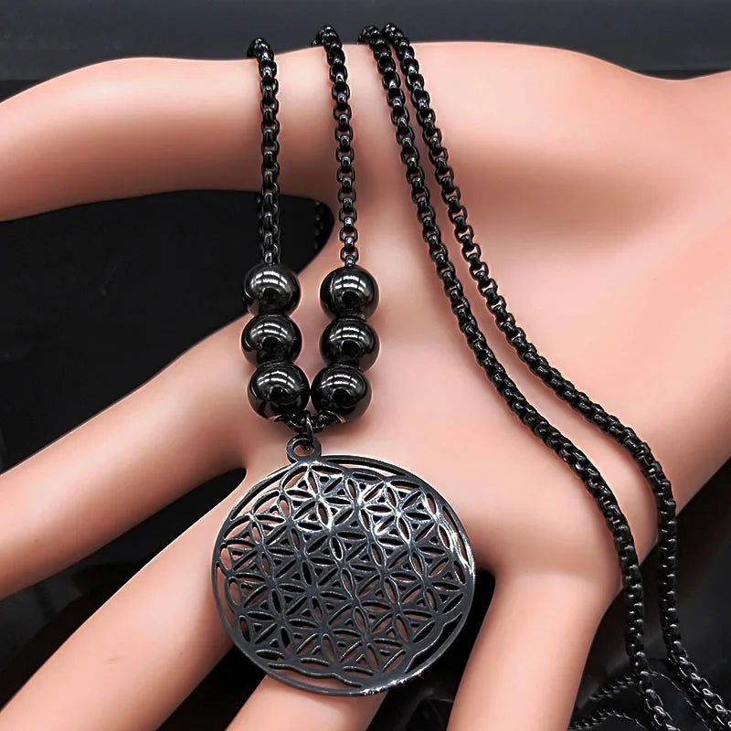 Sacred Geometry Flower of Life Necklace | Stainless Steel Mandala Pendant with Black Beads
