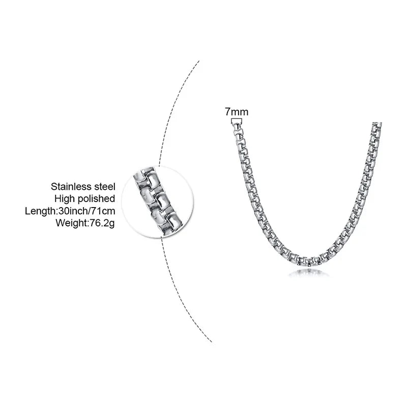 Round Box Chain Necklace for Men | Stainless Steel Link Chain in Gold, Silver, or Black