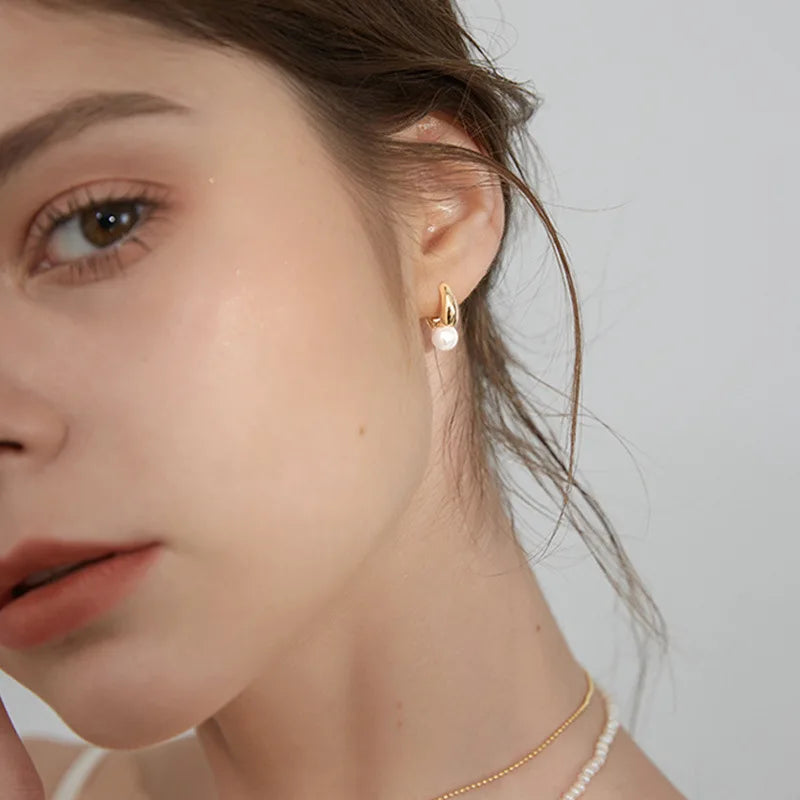 ANENJERY Imitation Pearl Hoop Earrings | Round Cubic Zirconia Jewelry for Women