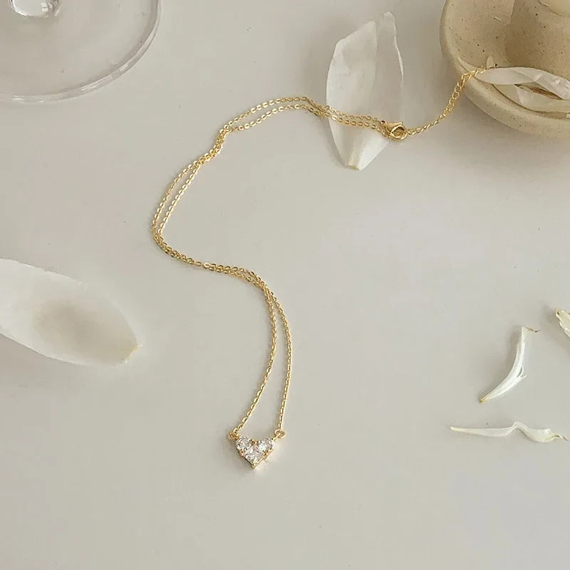 Silver Color Zircon Heart Necklace | Women's Shiny Clavicle Chain Jewelry