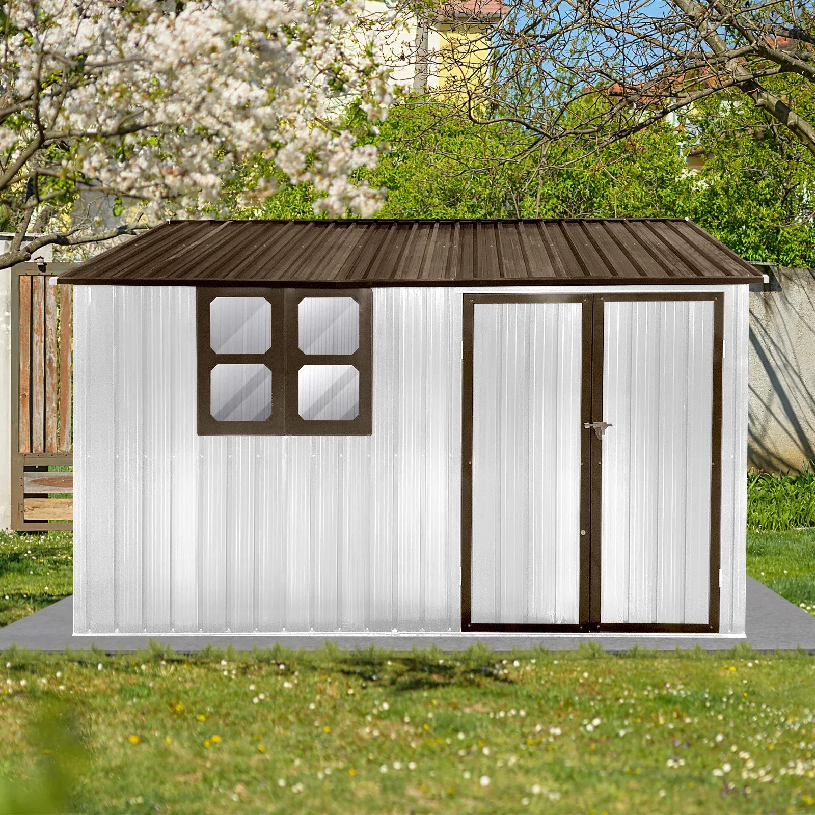 Outdoor Storage Sheds 10X8FT Apex Roof in Brown Roof+White Walls Without Foundation