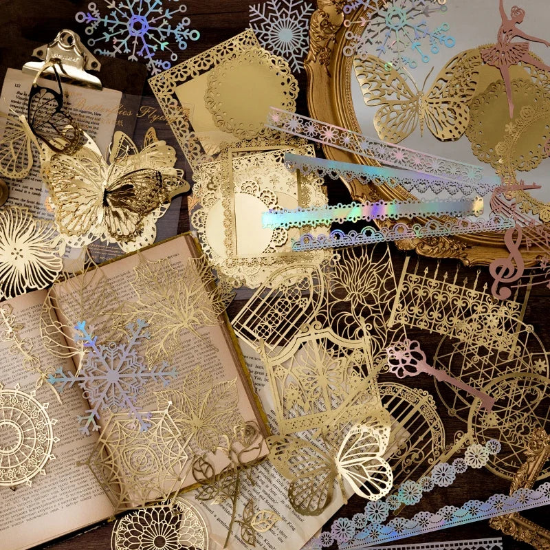 Yoofun 10pcs Vintage Gliding Stickers | Gold Flower Butterfly Lace Scrapbook Paper