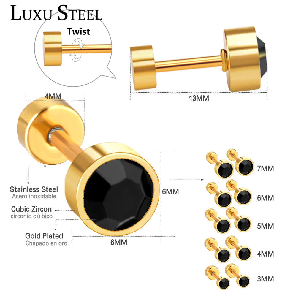 Black Crystal Screw Back Stud Earrings | Stainless Steel Fashion Jewelry for Women
