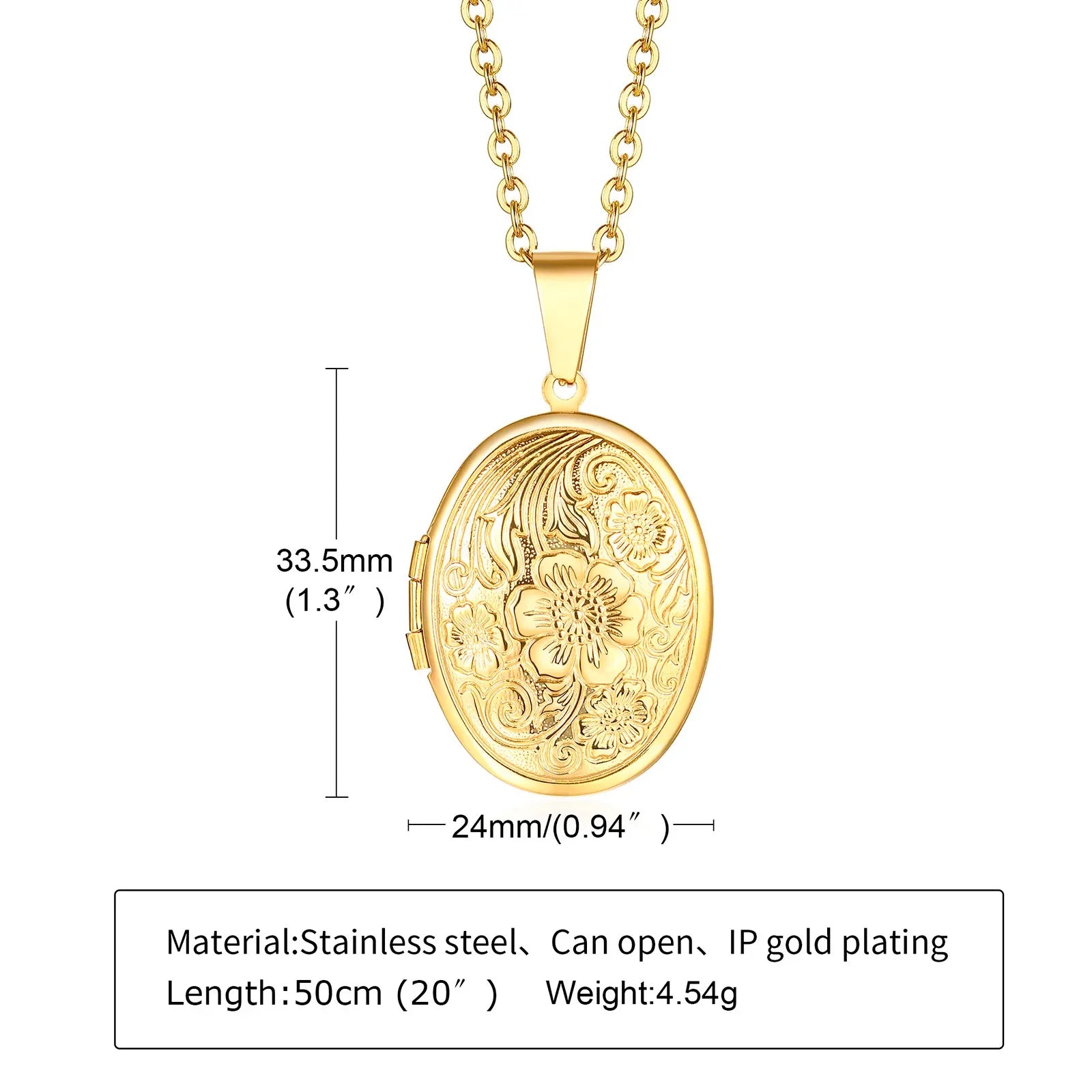 Monogram Floral Oval Heart Locket Pendant Necklace | Stainless Steel Photo Frame Keepsake