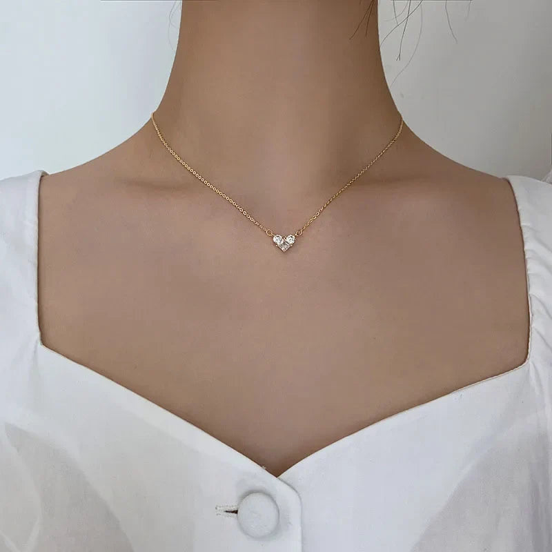 Silver Color Zircon Heart Necklace | Women's Shiny Clavicle Chain Jewelry