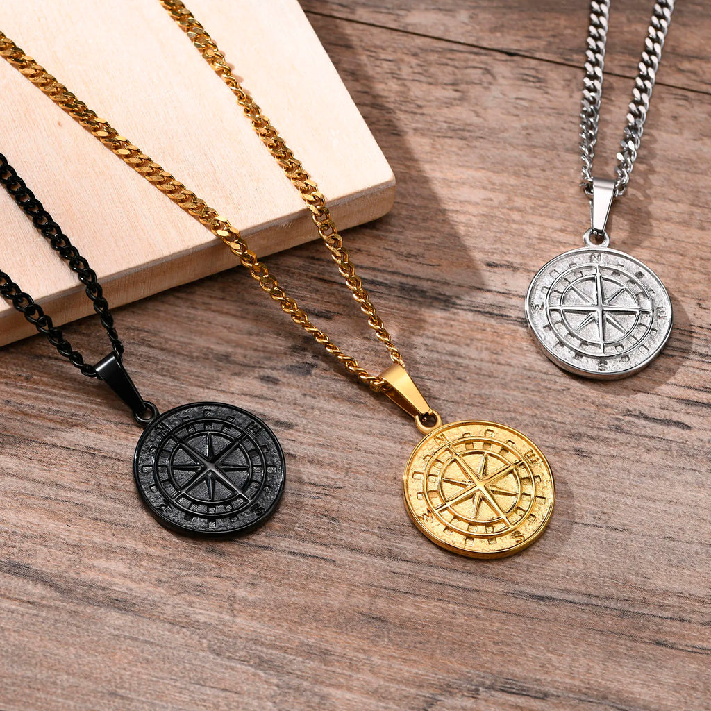 Gold Men's Compass Necklace | Vintage Viking North Star Anchor Stainless Steel Pendant