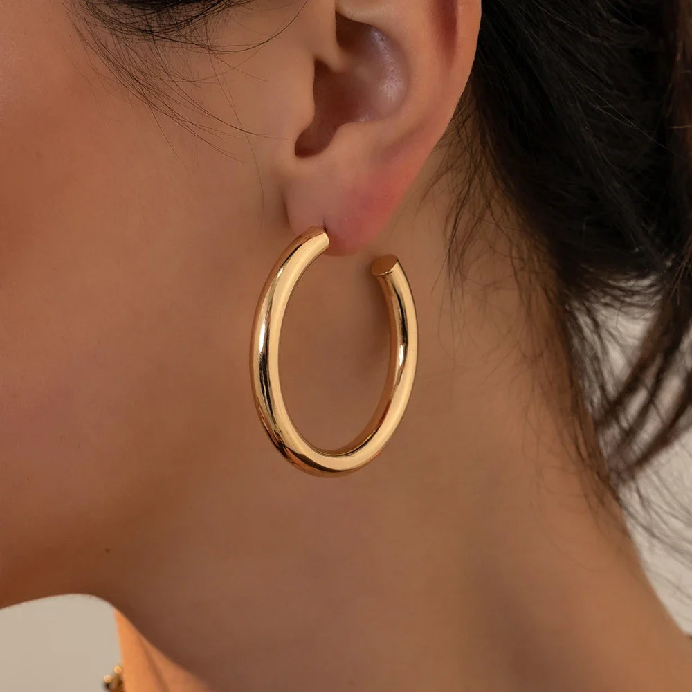 Big Round Stainless Steel Hoop Earrings | Minimalist Gold Circle Earrings for Women and Men