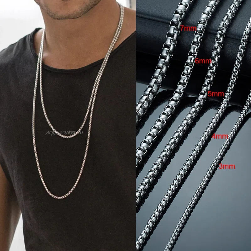 Round Box Chain Necklace for Men | Stainless Steel Link Chain in Gold, Silver, or Black