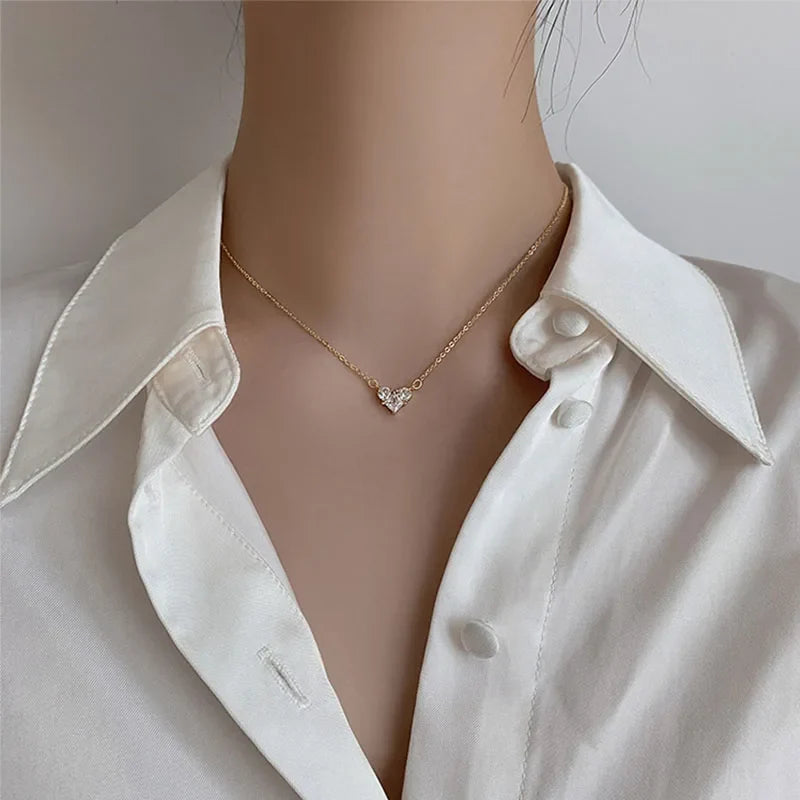 Silver Color Zircon Heart Necklace | Women's Shiny Clavicle Chain Jewelry
