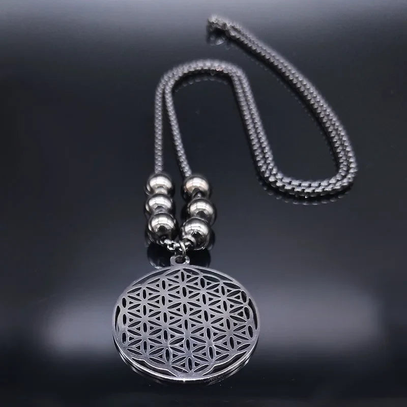 Sacred Geometry Flower of Life Necklace | Stainless Steel Mandala Pendant with Black Beads