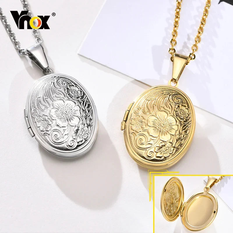 Monogram Floral Oval Heart Locket Pendant Necklace | Stainless Steel Photo Frame Keepsake