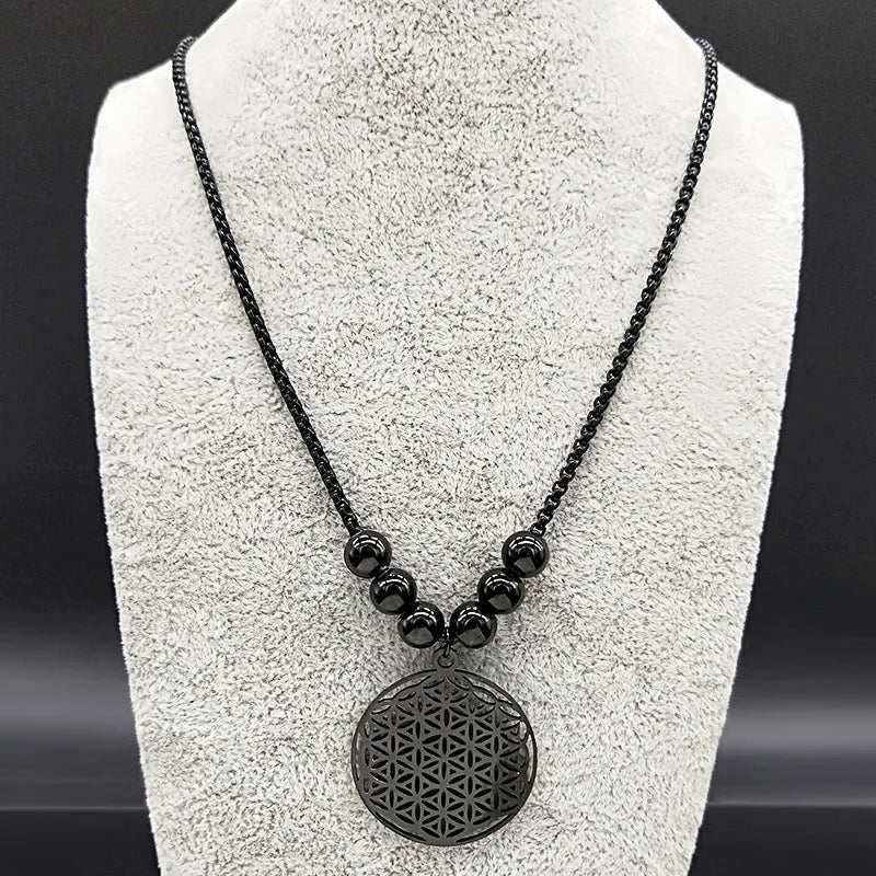 Sacred Geometry Flower of Life Necklace | Stainless Steel Mandala Pendant with Black Beads