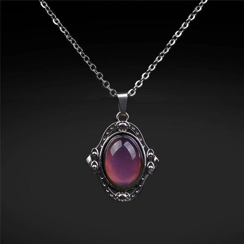 Mood Color Change Necklace | Retro Palace Elliptic Pendant with Stainless Steel Chain