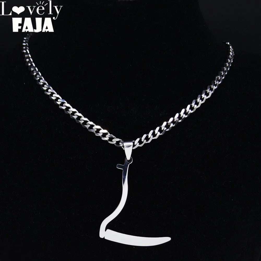 Silver Grim Reaper Sickle Pendant Necklace | Punk Stainless Steel Jewelry for Women