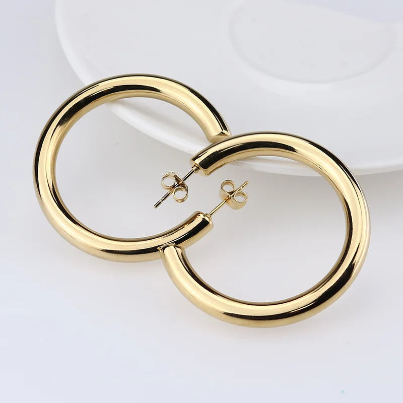 Big Round Stainless Steel Hoop Earrings | Minimalist Gold Circle Earrings for Women and Men