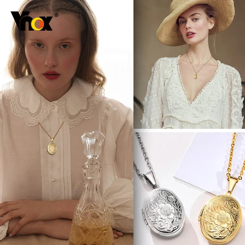 Monogram Floral Oval Heart Locket Pendant Necklace | Stainless Steel Photo Frame Keepsake