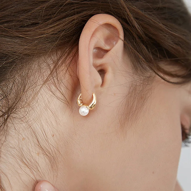 ANENJERY Imitation Pearl Hoop Earrings | Round Cubic Zirconia Jewelry for Women
