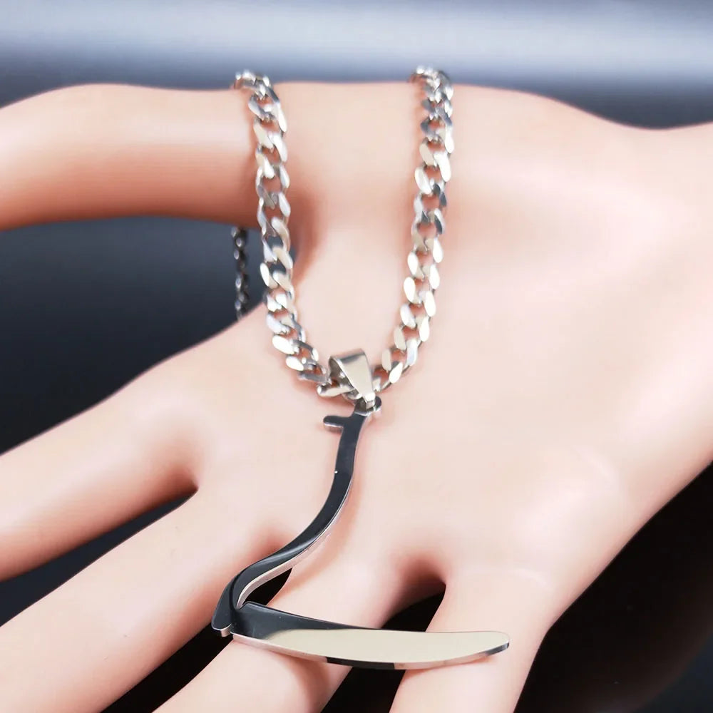 Silver Grim Reaper Sickle Pendant Necklace | Punk Stainless Steel Jewelry for Women