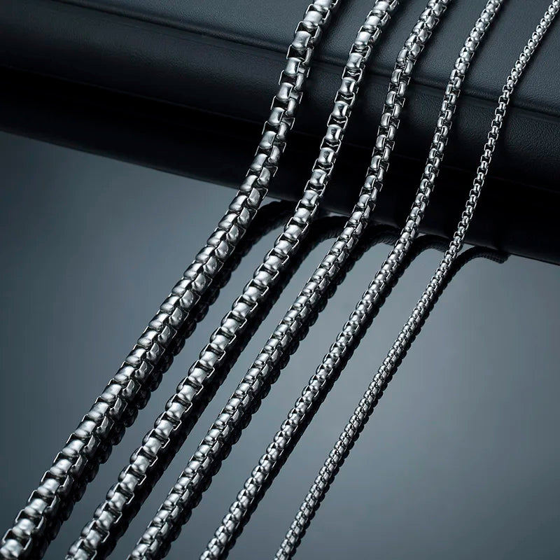 Round Box Chain Necklace for Men | Stainless Steel Link Chain in Gold, Silver, or Black