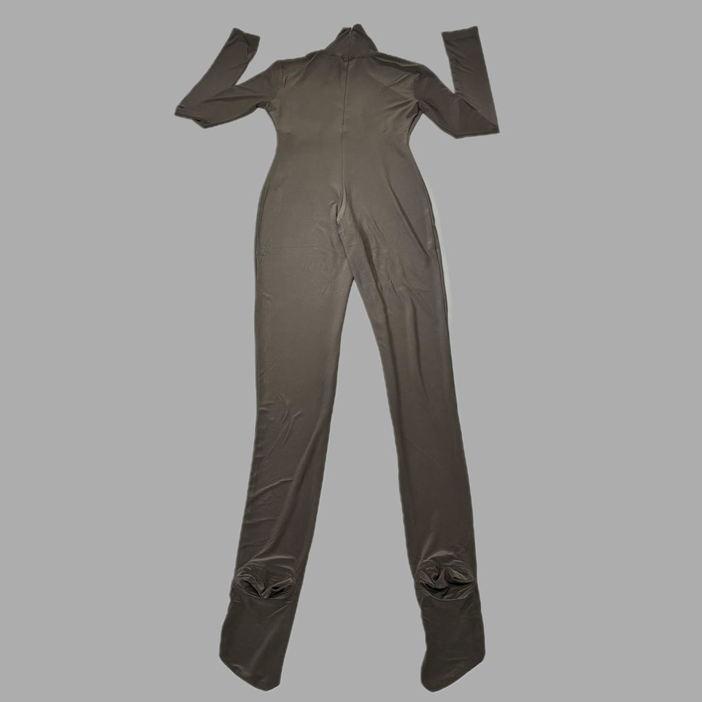 NORMA KAMALI Slim Fit Turtleneck Catsuit w/ Footsie Women's Sz L/40 Chocolate
