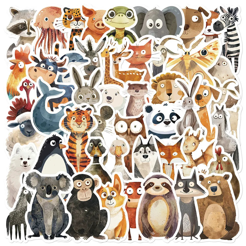 50 Pcs Quirky Watercolor Animal Cartoon Stickers | DIY Decals for Luggage, Laptops & Journals