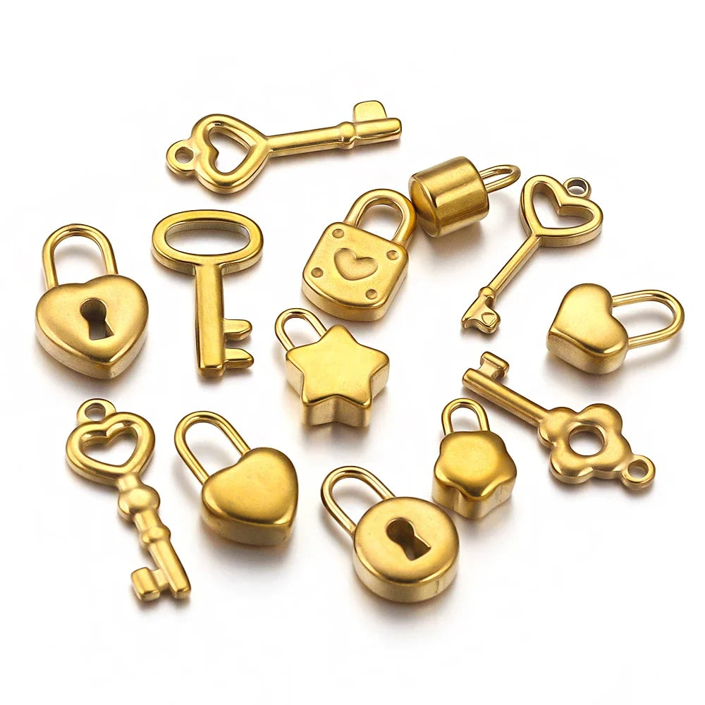Gold Plated Heart Lock Key Pendant Set | 5pcs Stainless Steel Charms for DIY Jewelry