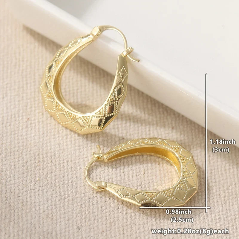 Vintage Oval Golden Hoop Earrings | Hand Carved Patterned Drop Earrings