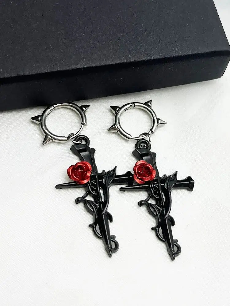 Gun-Black Cross Drop Earrings | Gothic Unisex Fashion Jewelry
