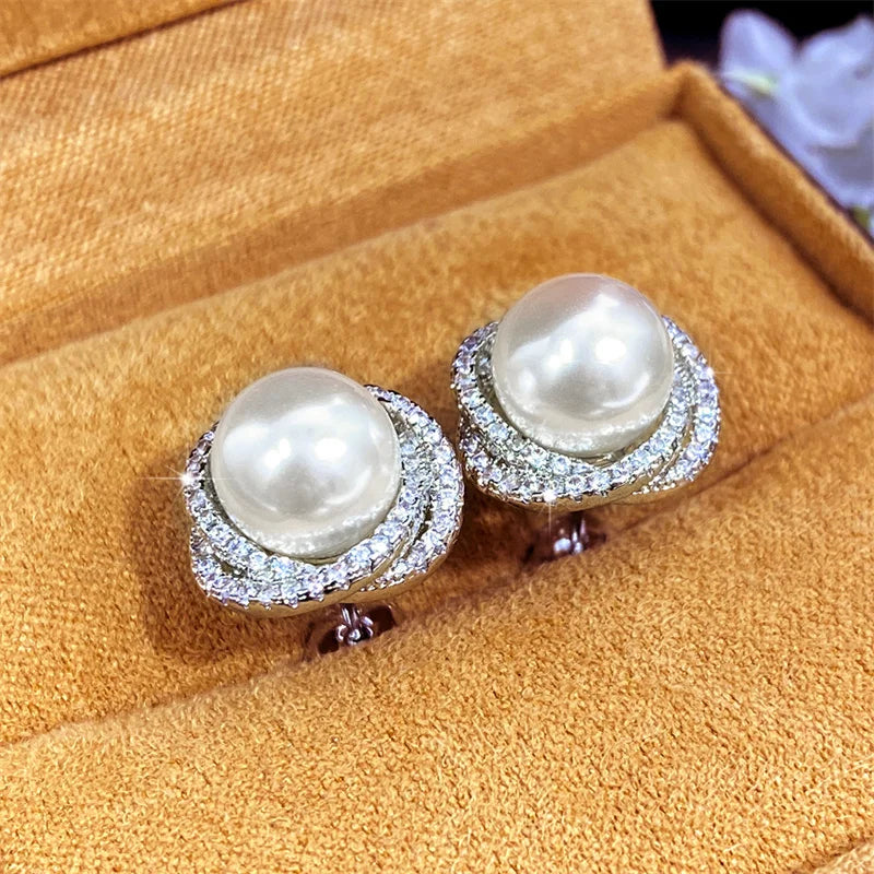 Huitan Sparkling Cubic Zirconia Imitation Pearl Stud Earrings | Silver Tone Fashion Jewelry for Women