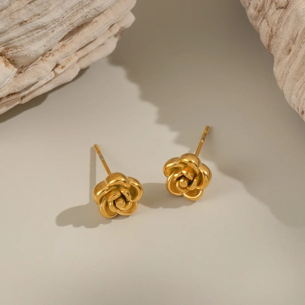 Rose Flower Stud Earrings | 18K Gold Plated Stainless Steel Daily Jewelry for Women